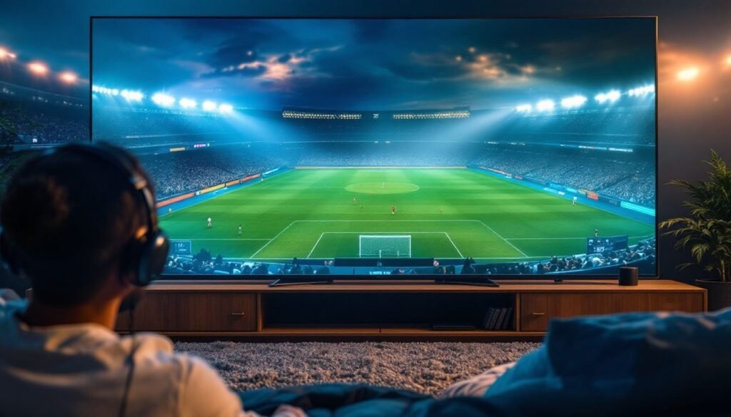 A person watching TV with a Guru IPTV device