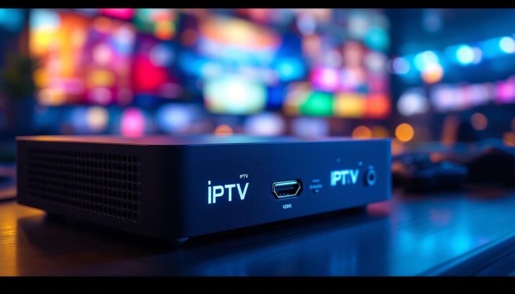 Living room scene with a Firestick, iptv hdmi encoder, and a large screen playing a football match