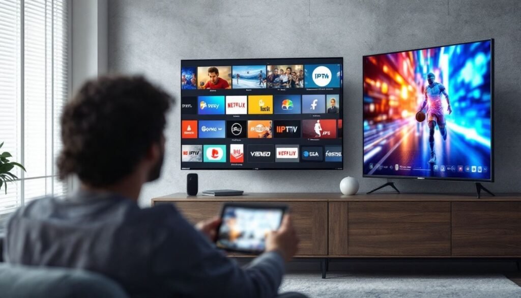 setup scene with hdmi iptv encoder, firestick, and marinios iptv app on a smart TV