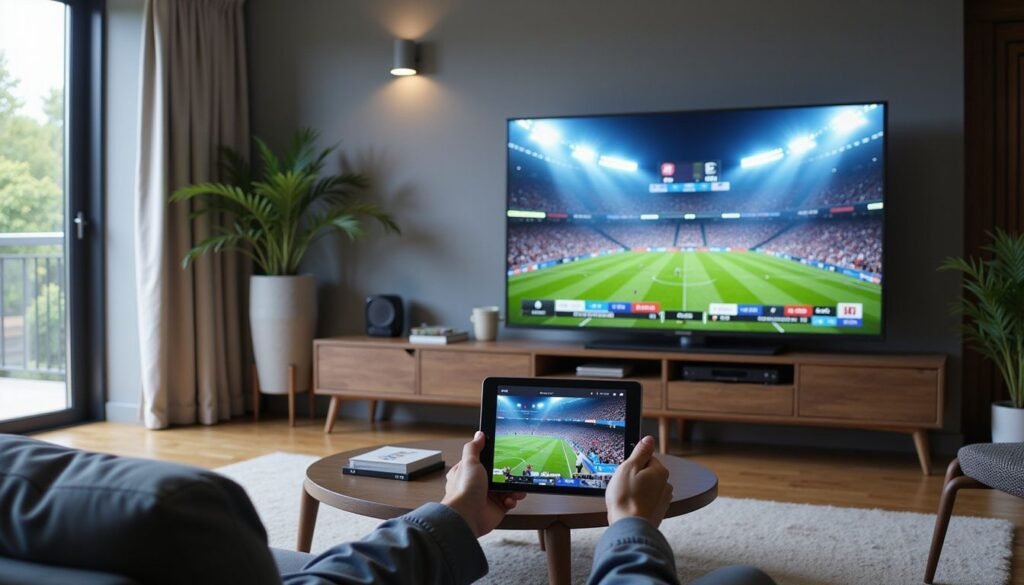 8k strong iptv — side view of a living room with a sleek media console, showing Marinios IPTV app on a tablet and an 8k TV screen