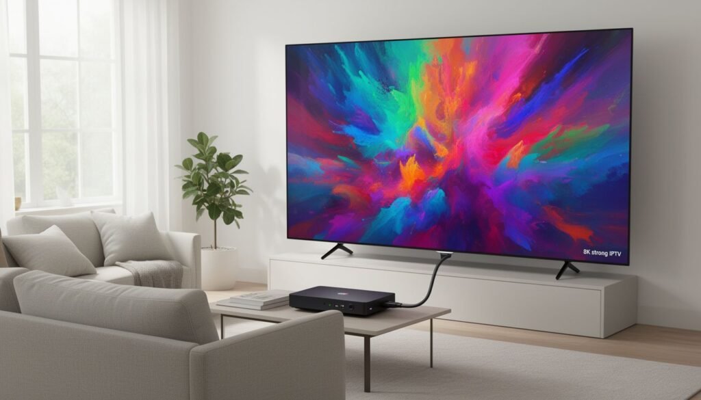 8k strong iptv streaming on a modern 8k OLED TV with HDMI 2.1 cable visible