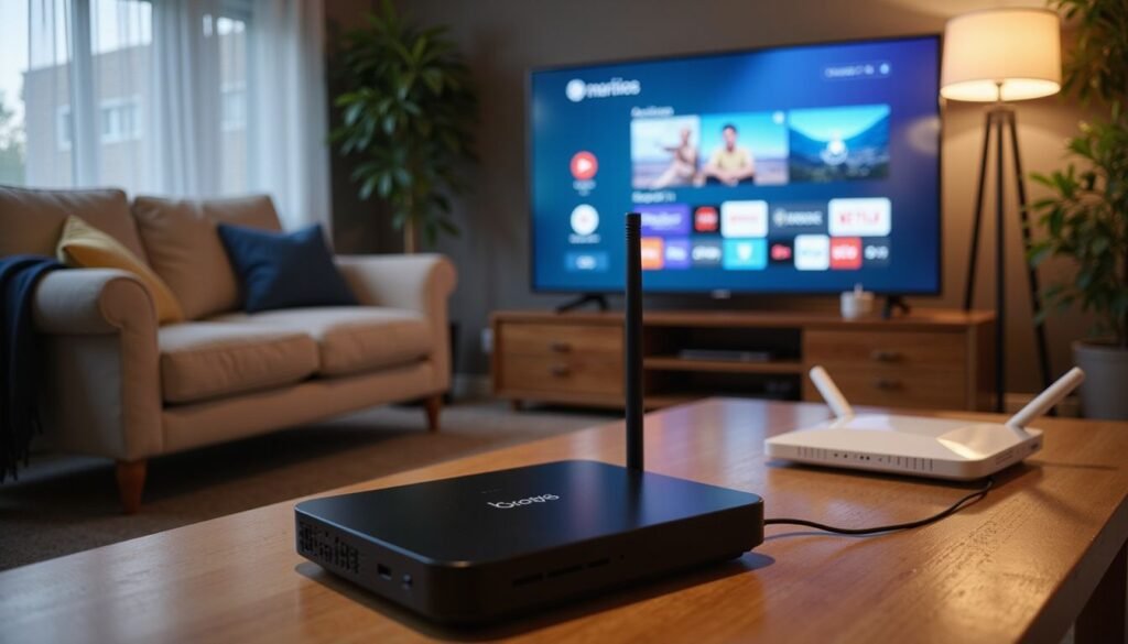 best usa iptv — Living room setup with Android TV box, Ethernet cable, and Marinios IPTV app on screen