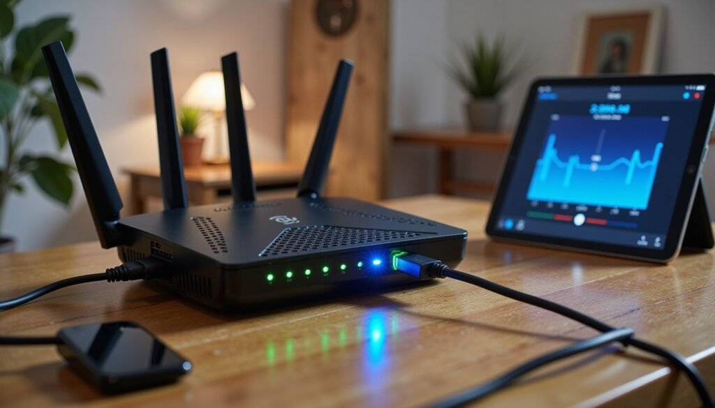 Close‑up of a modern router with indicator lights, illustrating strong iptv network setup