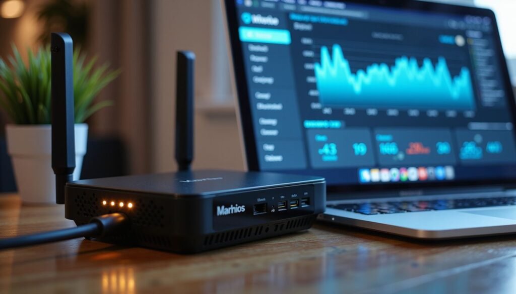 close‑up of a router displaying gigabit Ethernet ports beside a streaming box running 8k strong iptv