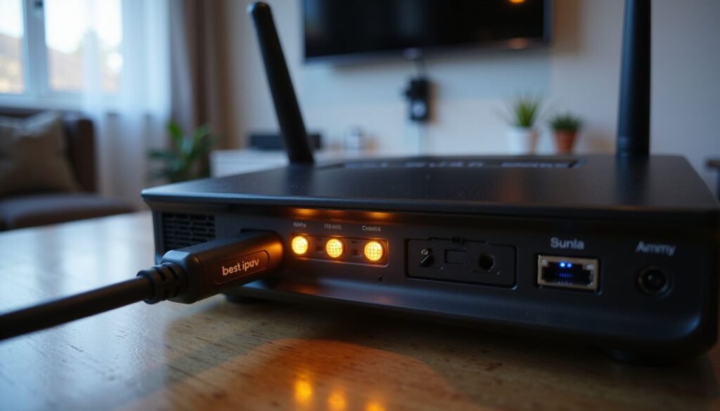 Close‑up of a router LED panel indicating stable 1 Gbps connection for best usa iptv streaming