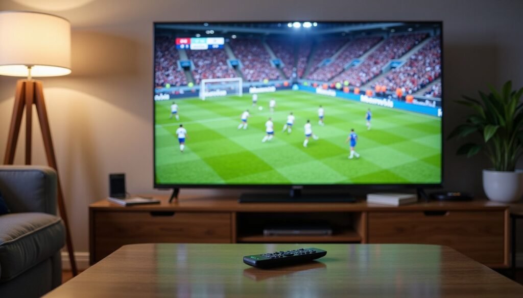 Close‑up of a smart TV displaying a 4K sports channel from the best iptv service usa