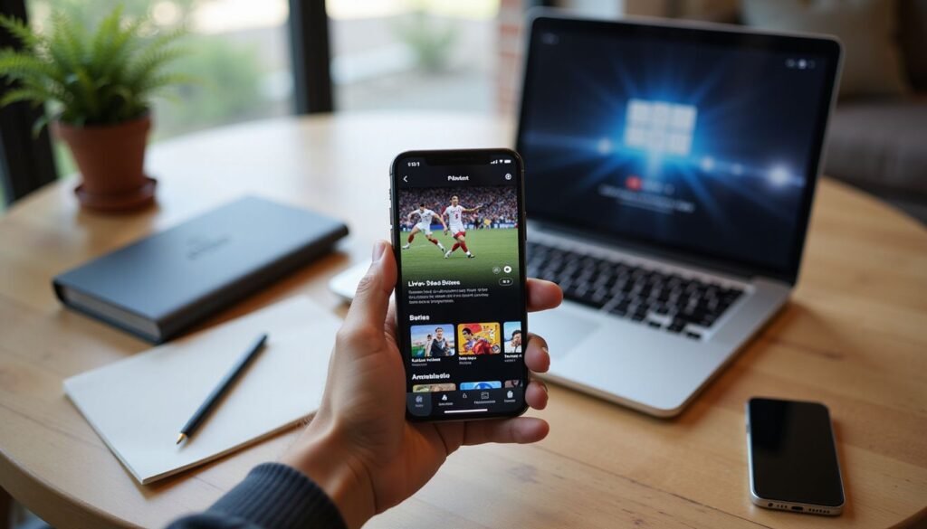 Close‑up of a smartphone running cheap iptv usa app, showing a sports channel lineup