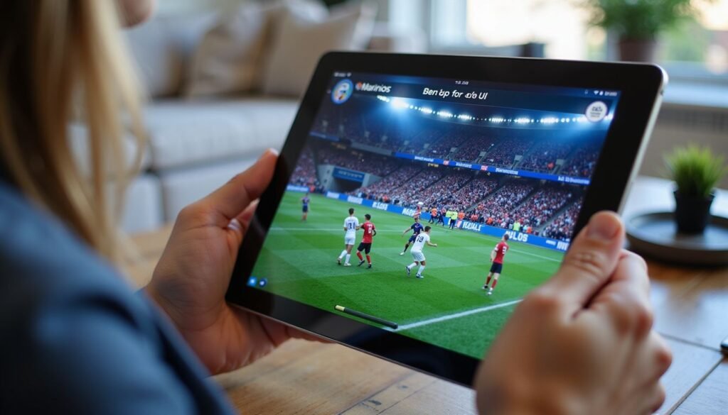 Close‑up of Marinios IPTV app on tablet displaying live sports with best iptv for usa logo