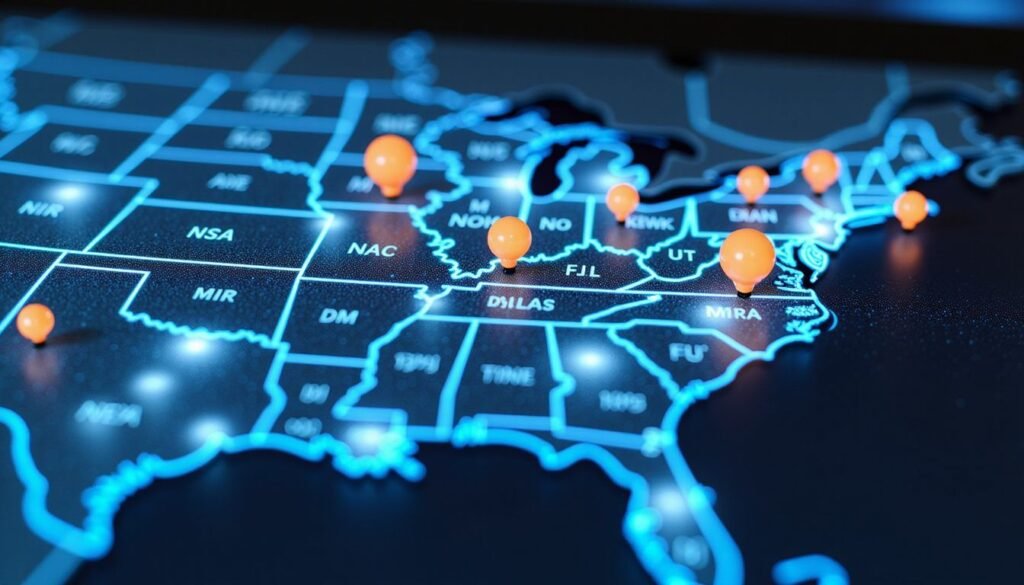 Diagram of server distribution map across the United States highlighting strong iptv data centers