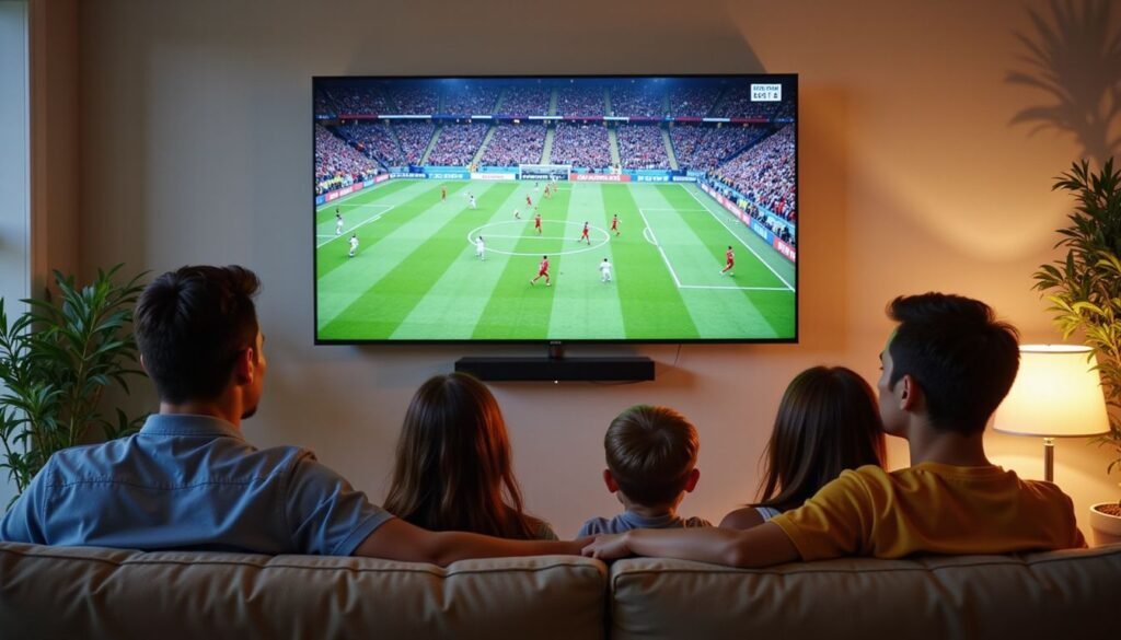 Family watching a 4K sports match on a living‑room TV using best iptv service