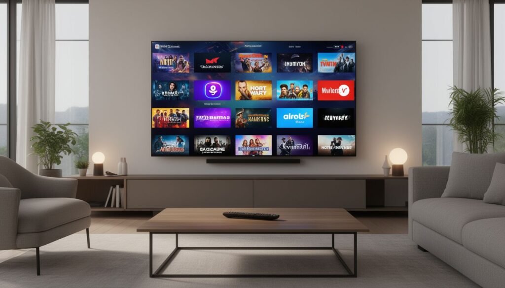 Featured image showing a living room TV screen displaying a grid of diverse iptv channels