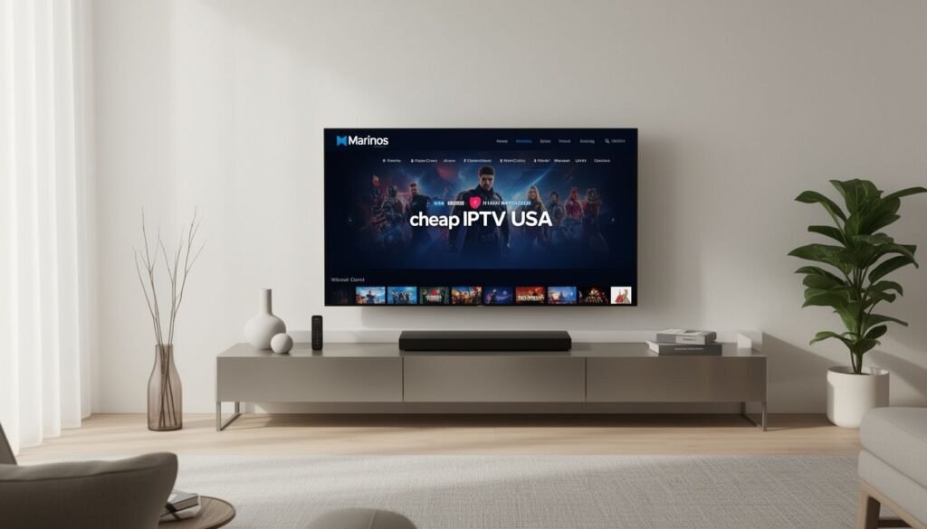 Featured image showing a living room TV screen displaying cheap iptv usa interface with Marinios branding