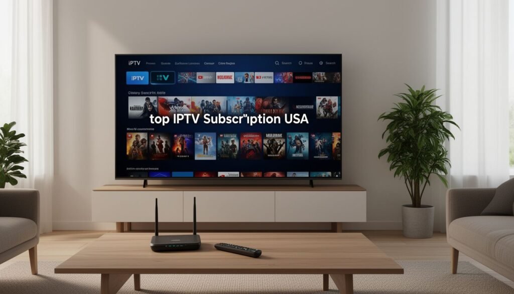 Featured image showing a sleek living room TV displaying the top iptv subscription usa interface with remote control and router nearby