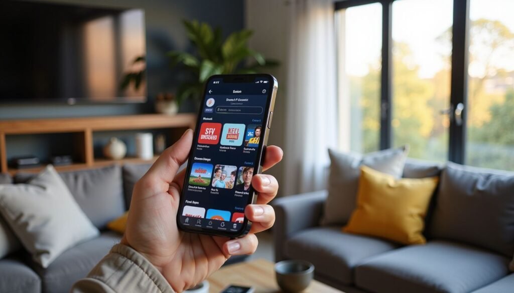 iptv channels — Close‑up of a smartphone running an IPTV app with channel icons highlighted