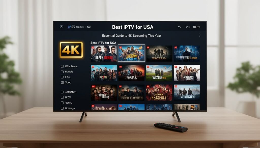 Screenshot showing best iptv for usa interface with channel guide and 4K badge